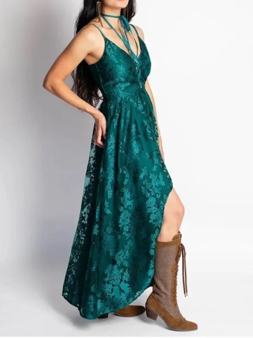 NWT Jofolie Holli Emerald Green Floral Cottagecore Peasant Lace Maxi Dress S